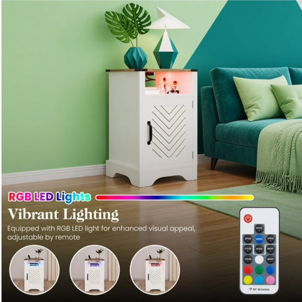 English Elm 16" Modern Farmhouse Nightstand with Rgb Led Lighting and Built-in Charging Station B082P529489