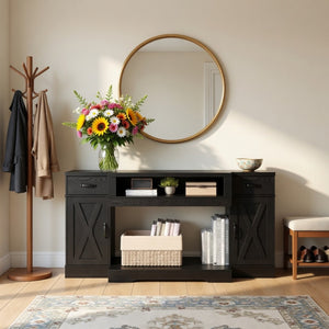 English Elm 64.5 Inch Matte Black Farmhouse Entertainment Center with Fireplace Bay and Storage B082P529490