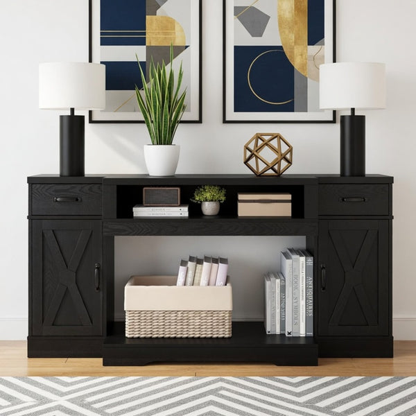 English Elm 64.5 Inch Matte Black Farmhouse Entertainment Center with Fireplace Bay and Storage B082P529490