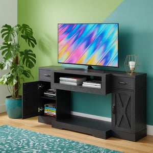 English Elm 64.5 Inch Matte Black Farmhouse Entertainment Center with Fireplace Bay and Storage B082P529490