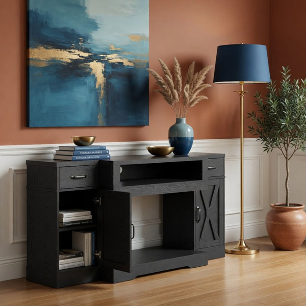 English Elm 64.5 Inch Matte Black Farmhouse Entertainment Center with Fireplace Bay and Storage B082P529490