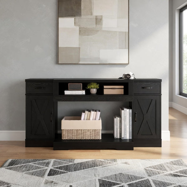 English Elm 64.5 Inch Matte Black Farmhouse Entertainment Center with Fireplace Bay and Storage B082P529490