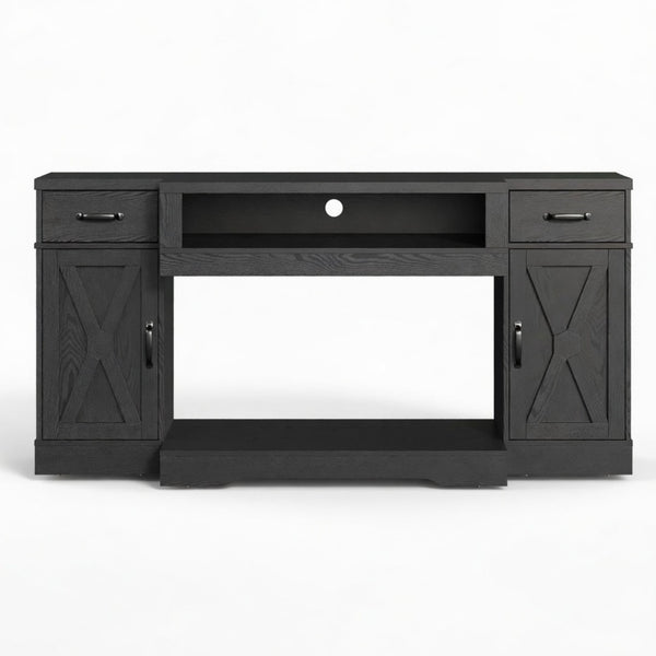 English Elm 64.5 Inch Matte Black Farmhouse Entertainment Center with Fireplace Bay and Storage B082P529490