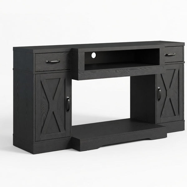 English Elm 64.5 Inch Matte Black Farmhouse Entertainment Center with Fireplace Bay and Storage B082P529490