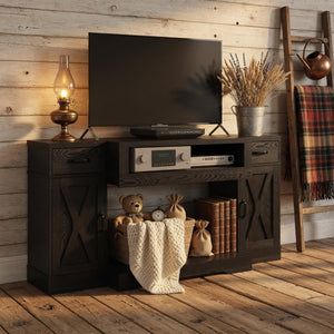 English Elm 64.5 Inch Matte Black Farmhouse Entertainment Center with Fireplace Bay and Storage B082P529490