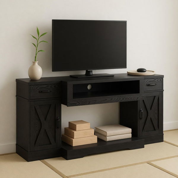 English Elm 64.5 Inch Matte Black Farmhouse Entertainment Center with Fireplace Bay and Storage B082P529490