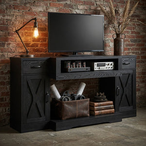 English Elm 64.5 Inch Matte Black Farmhouse Entertainment Center with Fireplace Bay and Storage B082P529490