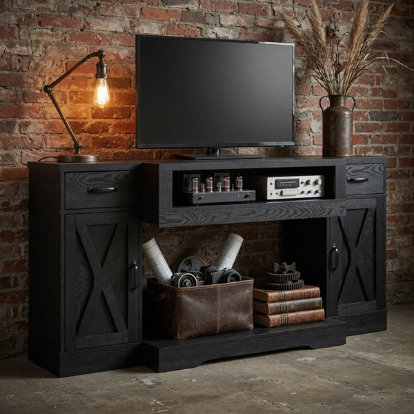 English Elm 64.5 Inch Matte Black Farmhouse Entertainment Center with Fireplace Bay and Storage B082P529490