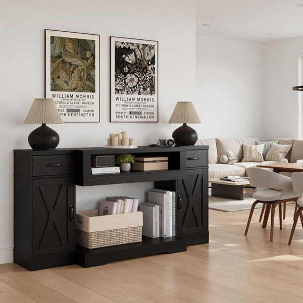 English Elm 64.5 Inch Matte Black Farmhouse Entertainment Center with Fireplace Bay and Storage B082P529490