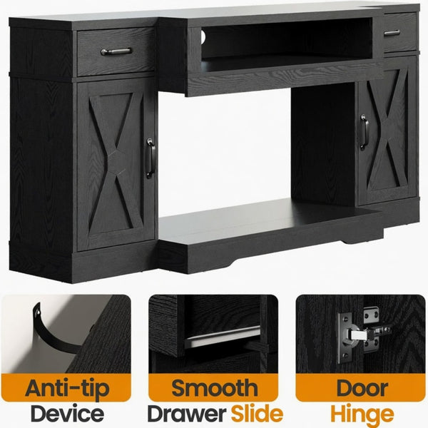 English Elm 64.5 Inch Matte Black Farmhouse Entertainment Center with Fireplace Bay and Storage B082P529490