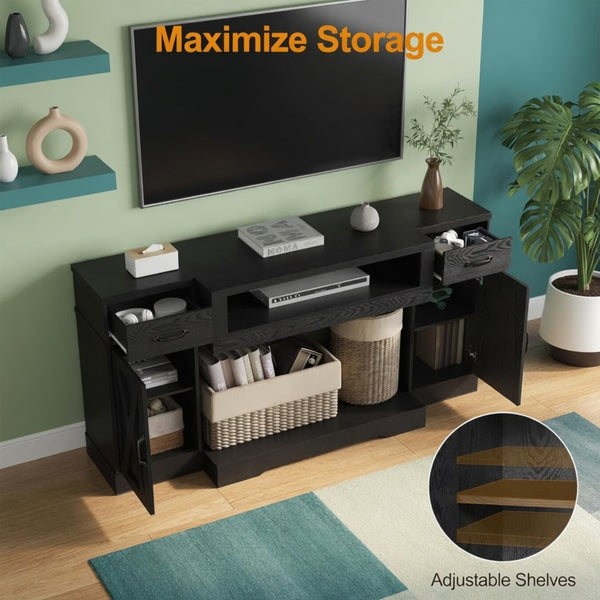 English Elm 64.5 Inch Matte Black Farmhouse Entertainment Center with Fireplace Bay and Storage B082P529490