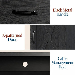 English Elm 64.5 Inch Matte Black Farmhouse Entertainment Center with Fireplace Bay and Storage B082P529490