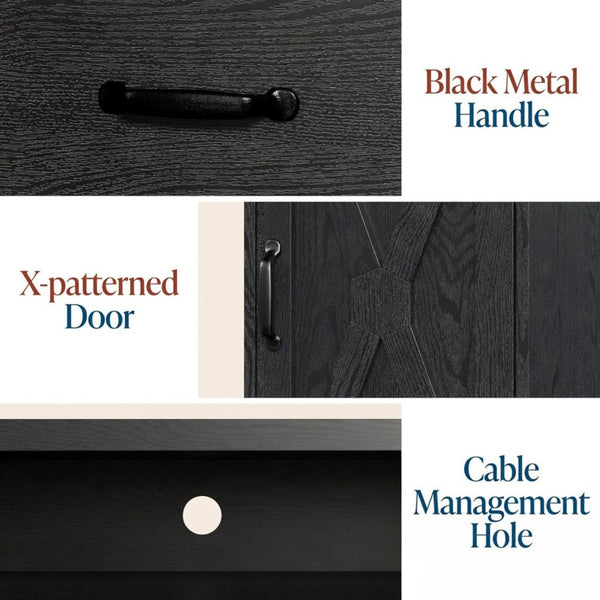 English Elm 64.5 Inch Matte Black Farmhouse Entertainment Center with Fireplace Bay and Storage B082P529490