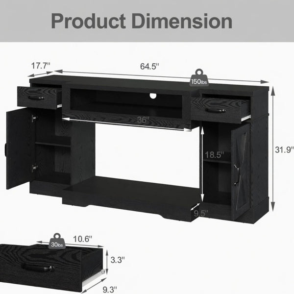 English Elm 64.5 Inch Matte Black Farmhouse Entertainment Center with Fireplace Bay and Storage B082P529490