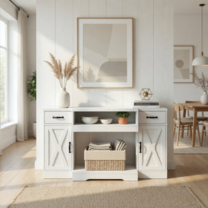 English Elm 64.5 Inch Farmhouse TV Stand with X Pattern Doors Open Fireplace Bay and Storage B082P529491