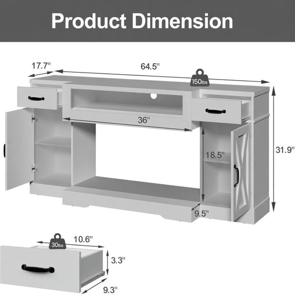 English Elm 64.5 Inch Farmhouse TV Stand with X Pattern Doors Open Fireplace Bay and Storage B082P529491