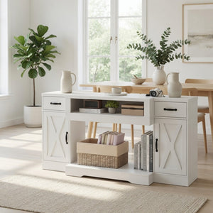 English Elm 64.5 Inch Farmhouse TV Stand with X Pattern Doors Open Fireplace Bay and Storage B082P529491