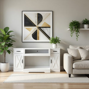 English Elm 64.5 Inch Farmhouse TV Stand with X Pattern Doors Open Fireplace Bay and Storage B082P529491