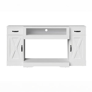 English Elm 64.5 Inch Farmhouse TV Stand with X Pattern Doors Open Fireplace Bay and Storage B082P529491