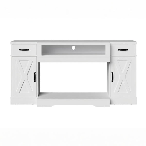 English Elm 64.5 Inch Farmhouse TV Stand with X Pattern Doors Open Fireplace Bay and Storage B082P529491