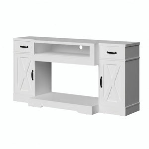 English Elm 64.5 Inch Farmhouse TV Stand with X Pattern Doors Open Fireplace Bay and Storage B082P529491