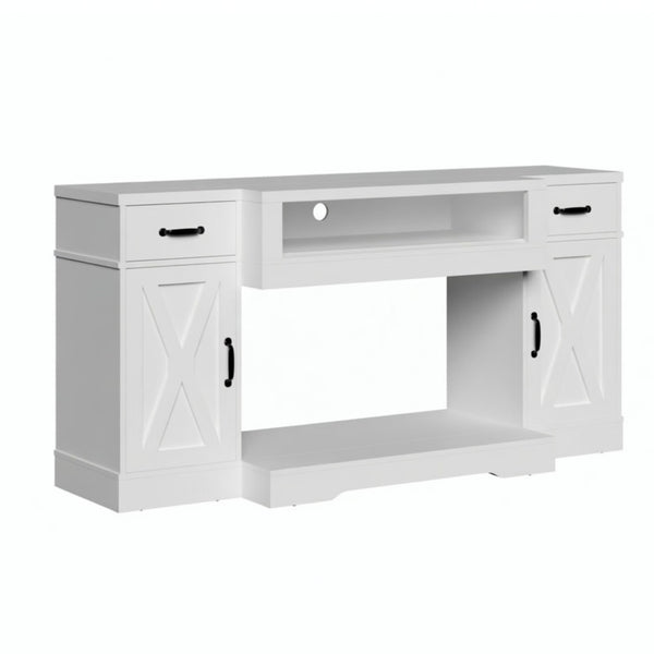 English Elm 64.5 Inch Farmhouse TV Stand with X Pattern Doors Open Fireplace Bay and Storage B082P529491