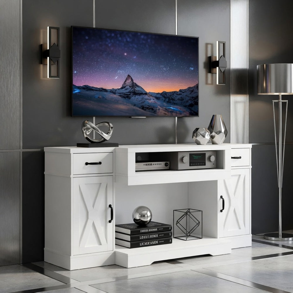 English Elm 64.5 Inch Farmhouse TV Stand with X Pattern Doors Open Fireplace Bay and Storage B082P529491