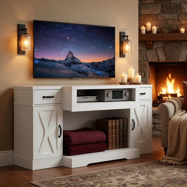 English Elm 64.5 Inch Farmhouse TV Stand with X Pattern Doors Open Fireplace Bay and Storage B082P529491