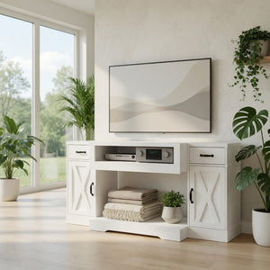 English Elm 64.5 Inch Farmhouse TV Stand with X Pattern Doors Open Fireplace Bay and Storage B082P529491