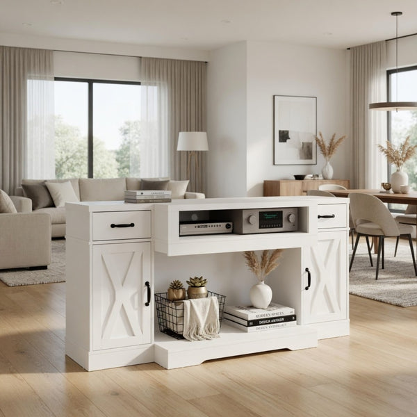 English Elm 64.5 Inch Farmhouse TV Stand with X Pattern Doors Open Fireplace Bay and Storage B082P529491