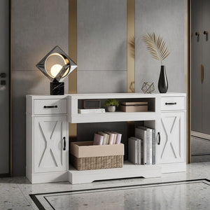 English Elm 64.5 Inch Farmhouse TV Stand with X Pattern Doors Open Fireplace Bay and Storage B082P529491