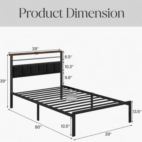 English Elm 39"x80" Twin Metal Platform Bed Upholstered Headboard Built-in Charging Wood Shelf B082P529493