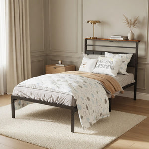 English Elm 39"x80" Twin Metal Platform Bed Upholstered Headboard Built-in Charging Wood Shelf B082P529493