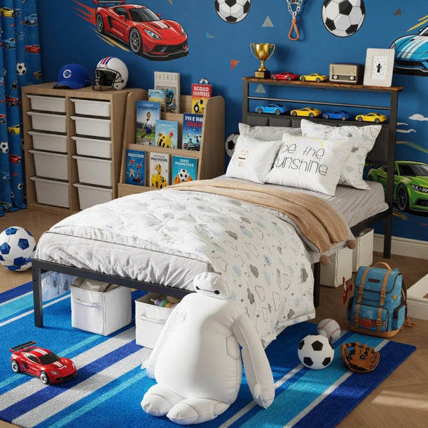 English Elm 39"x80" Twin Metal Platform Bed Upholstered Headboard Built-in Charging Wood Shelf B082P529493