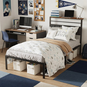 English Elm 39"x80" Twin Metal Platform Bed Upholstered Headboard Built-in Charging Wood Shelf B082P529493