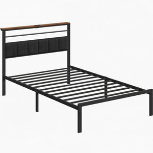 English Elm 39"x80" Twin Metal Platform Bed Upholstered Headboard Built-in Charging Wood Shelf B082P529493