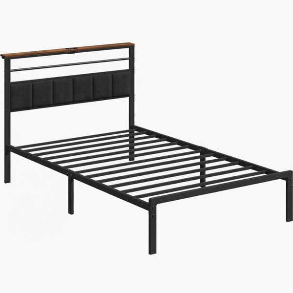 English Elm 39"x80" Twin Metal Platform Bed Upholstered Headboard Built-in Charging Wood Shelf B082P529493