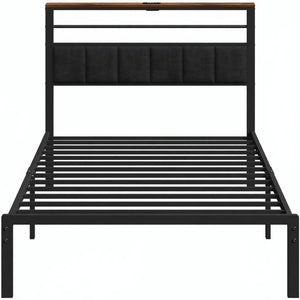 English Elm 39"x80" Twin Metal Platform Bed Upholstered Headboard Built-in Charging Wood Shelf B082P529493