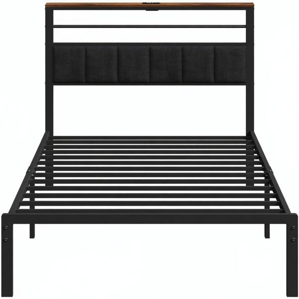 English Elm 39"x80" Twin Metal Platform Bed Upholstered Headboard Built-in Charging Wood Shelf B082P529493