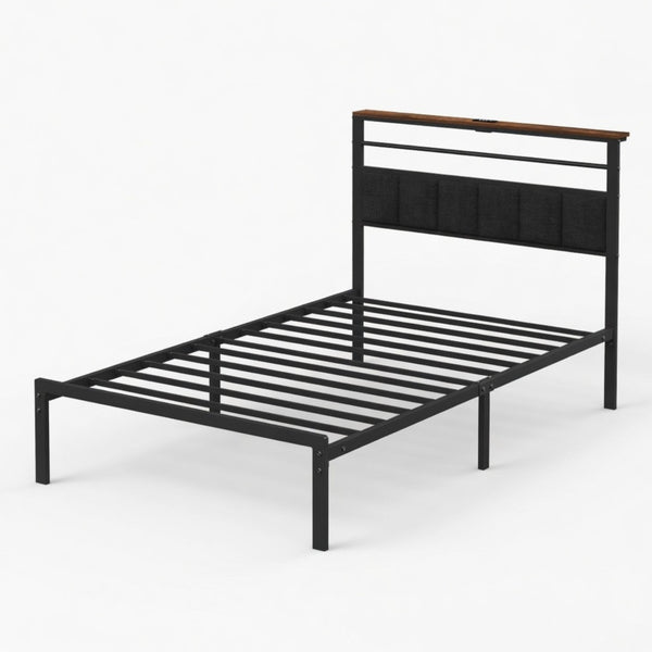 English Elm 39"x80" Twin Metal Platform Bed Upholstered Headboard Built-in Charging Wood Shelf B082P529493