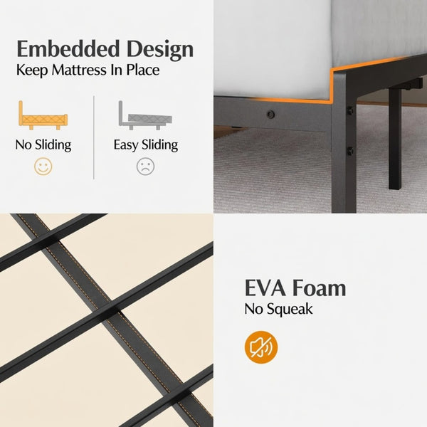 English Elm 39"x80" Twin Metal Platform Bed Upholstered Headboard Built-in Charging Wood Shelf B082P529493