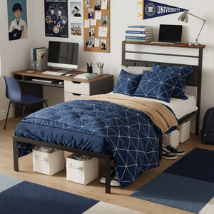 English Elm 39"x80" Twin Metal Platform Bed Upholstered Headboard Built-in Charging Wood Shelf B082P529493