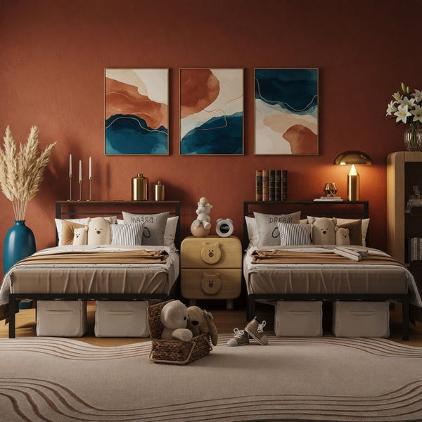 English Elm 39"x80" Twin Metal Platform Bed Upholstered Headboard Built-in Charging Wood Shelf B082P529493