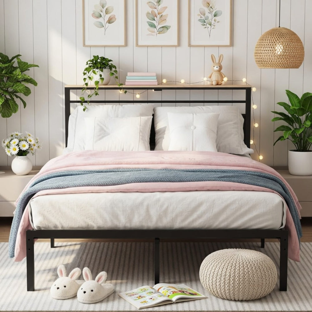 English Elm 54"x80" Full Platform Bed Matte Black Metal Frame Upholstered Headboard Charging Station B082P529494