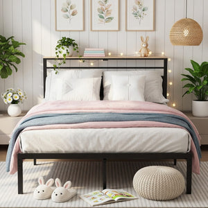 English Elm 54"x80" Full Platform Bed Matte Black Metal Frame Upholstered Headboard Charging Station B082P529494