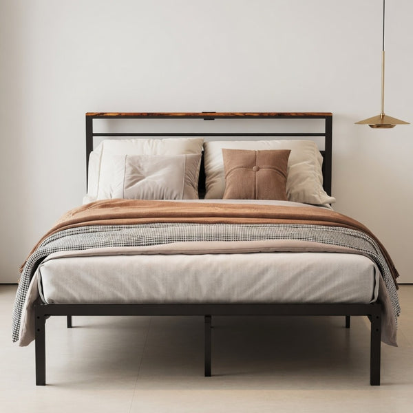 English Elm 54"x80" Full Platform Bed Matte Black Metal Frame Upholstered Headboard Charging Station B082P529494