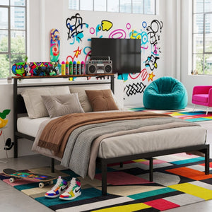 English Elm 54"x80" Full Platform Bed Matte Black Metal Frame Upholstered Headboard Charging Station B082P529494