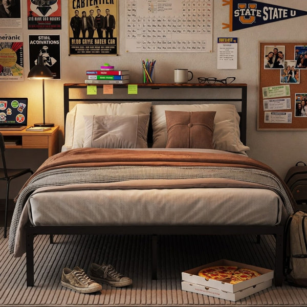 English Elm 54"x80" Full Platform Bed Matte Black Metal Frame Upholstered Headboard Charging Station B082P529494
