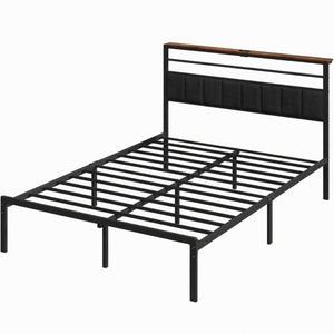 English Elm 54"x80" Full Platform Bed Matte Black Metal Frame Upholstered Headboard Charging Station B082P529494