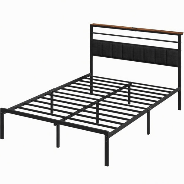 English Elm 54"x80" Full Platform Bed Matte Black Metal Frame Upholstered Headboard Charging Station B082P529494